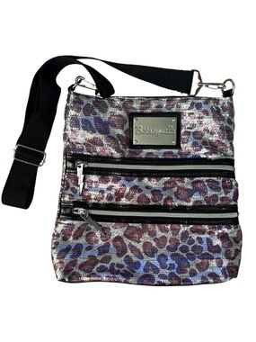 Betsey Johnson Purple Sequin Leopard Crossbody Bag with Black Strap